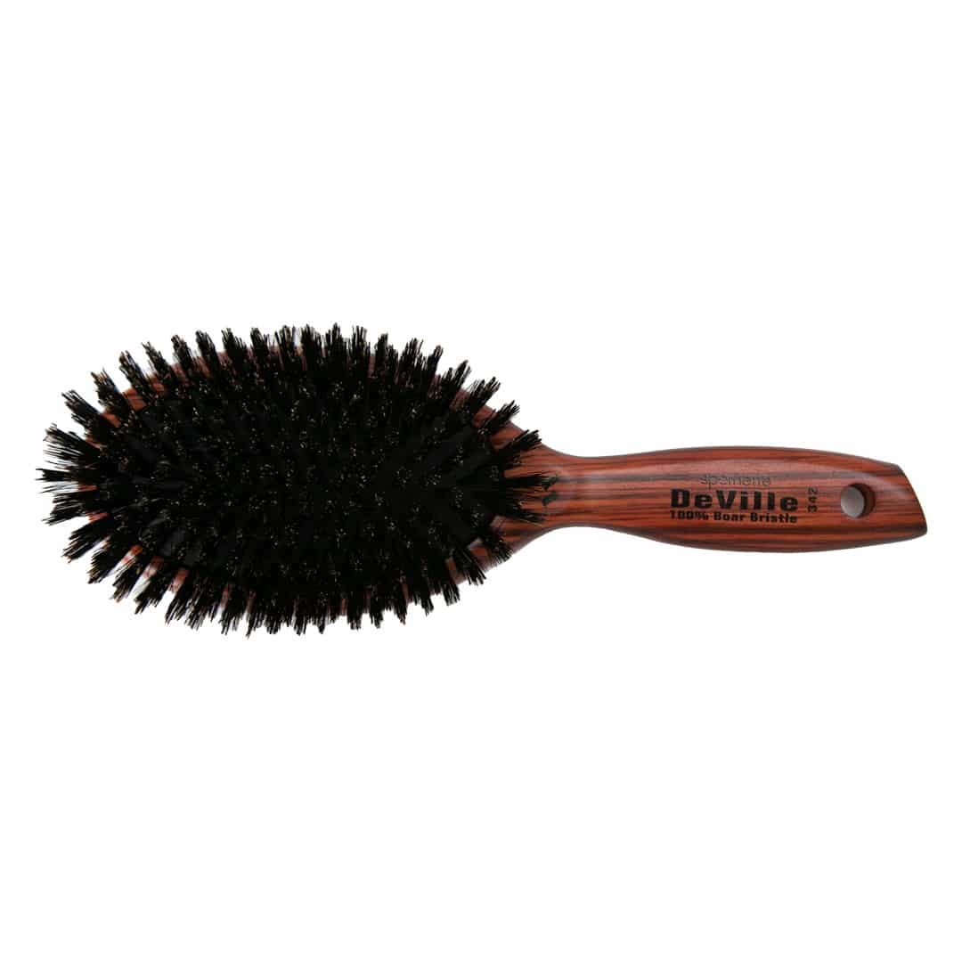 The 100% natural boar bristles stimulate the scalp, remove dead hair strands, and distribute the hair’s natural oils. Boar bristle brushes help to maintain optimal hair and scalp hygiene and health. The rubberized cushion stops breakage and absorbs “shock” while brushing. Shock absorption prevents damage and leaves you with beautiful and healthy hair.