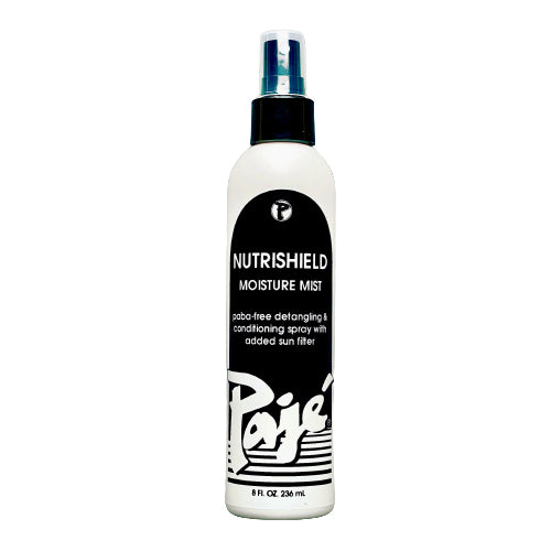 Pajé Nutrishield Moisture Mist is a lightweight leave-in conditioning detangler with botanicals that adds body and maintains a healthy scalp. UV protectant helps hair from fading. Paraben-free.